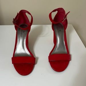 Ankle strap minimal look sandal. Red suede Size 5M. 3 1/4 Block heel.